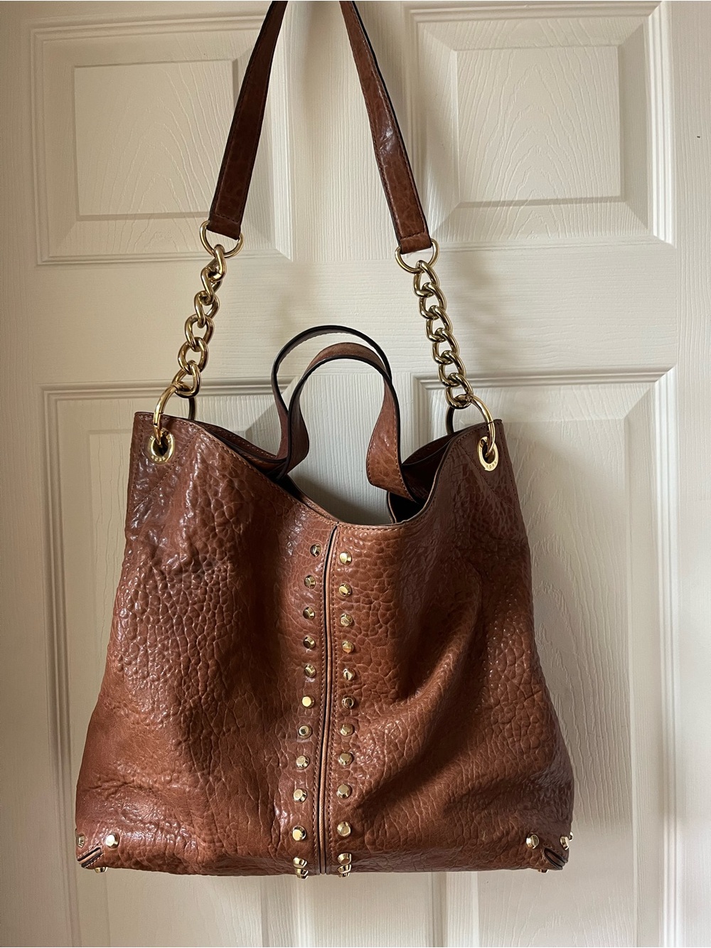 Michael Kors Uptown Astor Brown Pebbled Leather Shoulder Tote with Gold Studs